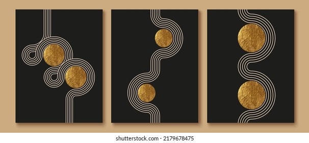 Abstract minimalist wall art composition in beige, grey, white, black colors. Simple line style. Golden geometric shapes, lines, circles. Modern creative hand drawn background.