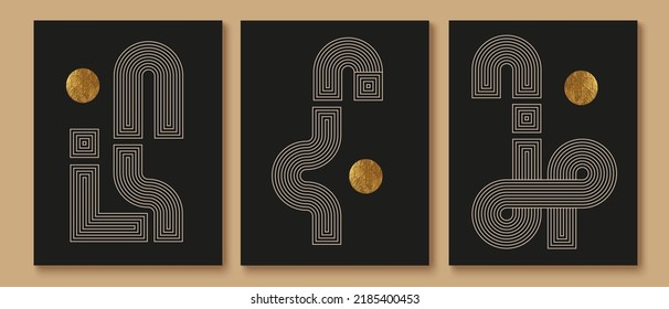 Abstract minimalist wall art composition in beige, grey, white, black colors. Simple line style. Golden geometric shapes, lines, circles, squares design. Modern creative hand drawn background.