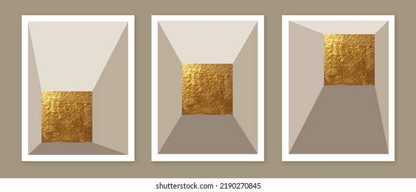 Abstract minimalist wall art composition in beige, grey, white, black colors. Golden geometric squares. Modern creative hand drawn background. Art deco balance composition.