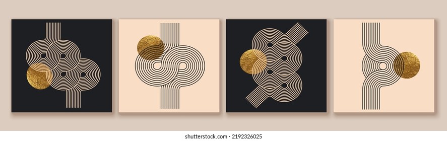 Abstract minimalist wall art composition in beige, grey, white, black colors. Simple line style. Golden geometric shapes, lines, circles, squares design. Modern creative hand drawn background.