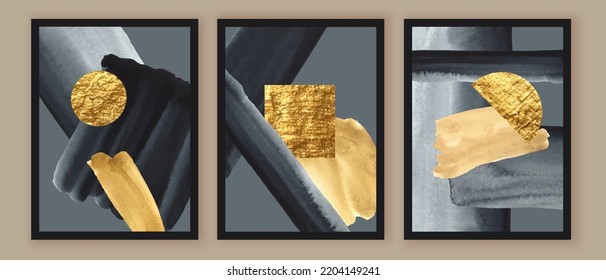 Abstrakte minimalistische Wandgestaltung in grauen, weißen, schwarzen Farben. Goldene geometrische Formen, Kreise, Quadrate-Design. Aquarelltexturen, goldene Linien.