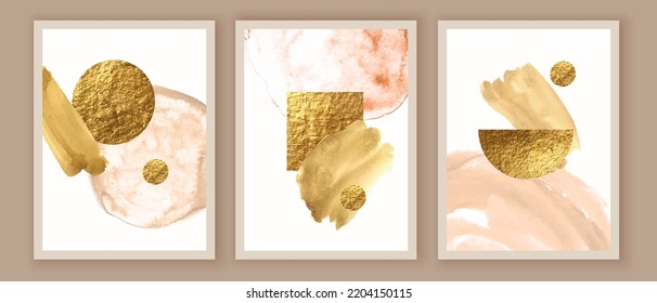 Abstract minimalist wall art composition in beige, white, pink colors. Golden geometric shapes, circles, squares design. Watercolor textures.