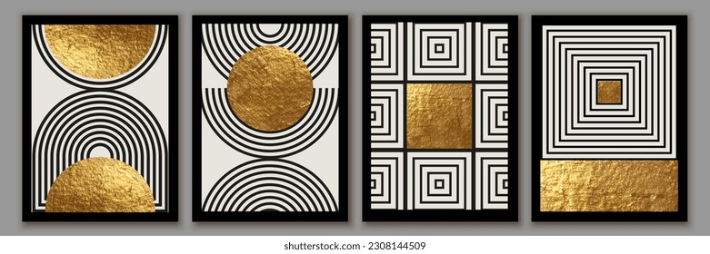 Abstract minimalist wall art composition in beige, grey, white, black colors. Golden geometric shapes, circles, squares design. Modern creative hand drawn background. Art deco balance composition.