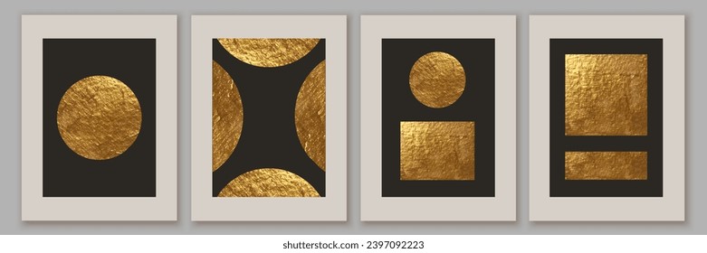 Abstract minimalist wall art composition in beige, grey, white, black colors. Golden geometric shapes,squares, circles, design. Modern creative hand drawn background.