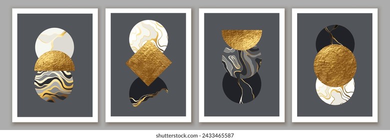 Abstract minimalist wall art composition in beige, grey, white, black colors. Golden geometric shapes,squares, circles, design. Modern creative hand drawn background.