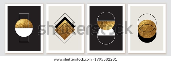 Abstract minimalist wall art composition in\
beige, grey, white, black colors. Golden geometric shapes, circles,\
squares design. Modern creative hand drawn background. Art deco\
balance composition.