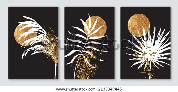 Abstract minimalist wall art composition in beige, grey, black white. Golden geometric shapes, circles, blackwhite monstera, palm leaves. Golden splatters. Wall art collage composition.
