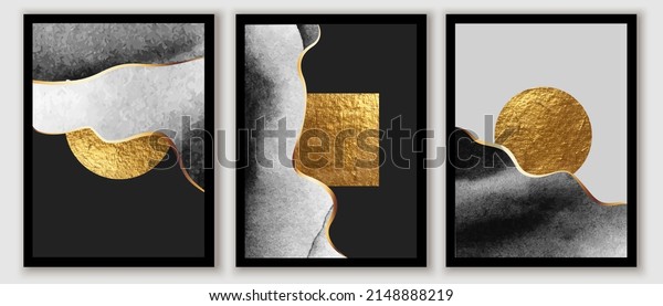 Abstract minimalist wall art\
composition in grey, white, black colors. Golden geometric shapes,\
circles, squares design. Watercolor textures, golden\
lines.