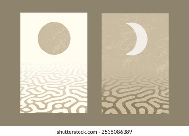 Abstract minimalist wall art diptych. Minimalist day and night, sun and moon poster. Pastel color geometric shapes, circles design.