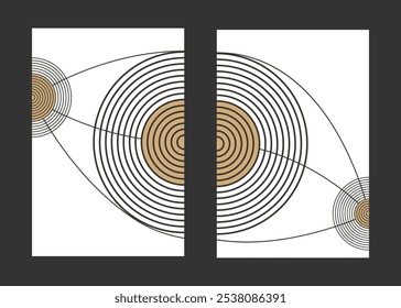 Abstract minimalist wall art diptych. Minimalist circles connected by curves poster. Abstract planets. Pastel color geometric shapes, circles design.