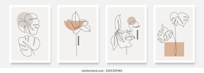 Abstract Minimalist Wall Art Gallery Prints Set with Woman Face, Leaves. Female Silhouette with Plants Poster Set. Set of Vector Backgrounds for Trendy Wall Décor, Poster, Banner, Print.