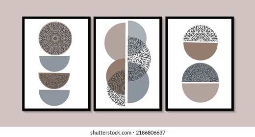 Abstract minimalist wall art in white, gray, cream, beige, blue colors. Simple line style. Soft color geometric shapes, circles. Modern creative pattern.