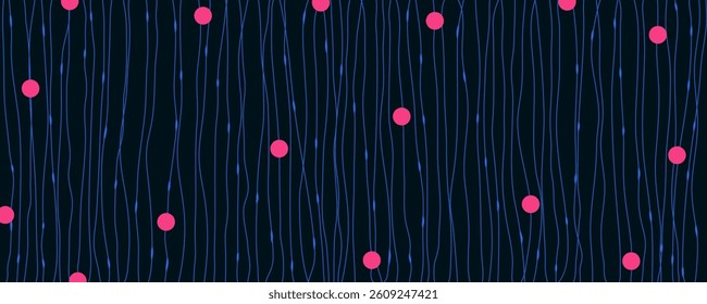Abstract Minimalist Wave Pattern with Flowing Blue Lines and Pink Dots on Dark Background. Elegant and modern design with thin linear waves and geometric points. Ideal for digital art, tech graphics