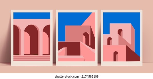 Resumen de la colección de afiches de arquitectura minimalista con edificios abstractos con puertas y ventanas en forma de arco para la decoración o impresiones de carteles o de arte en la pared. Ilustración del vector