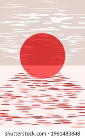 Abstract minimalistic art landscape. Panorama of the red sun, dawn, sea, clouds. National symbol. Japanese style. Vector graphics.
