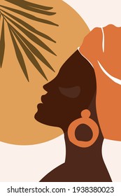 Abstract, minimalistic artistic portrait of an African dark-skinned female in profile against a background of sun and palm leaves. Vector graphics.