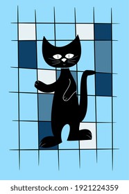 abstract minimalistic background with black cat, thin lines and squares. Trendy colorful vector illustration in vintage boho style.