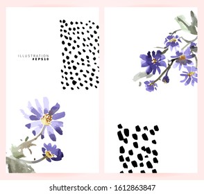 Abstract minimalistic background with black dots and watercolor flowers. Modern trendy design cards.