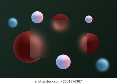 Abstract minimalistic background in glass morphism style. Dark background with 3d colorful gradient spheres.