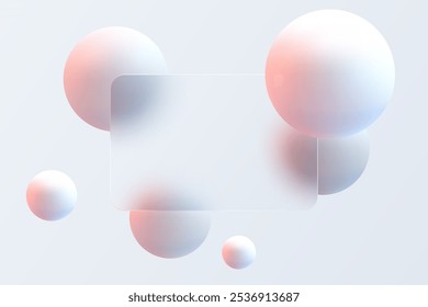 Abstract minimalistic background for glass morphism style presentation slide. Transparent plate and levitating sphere.