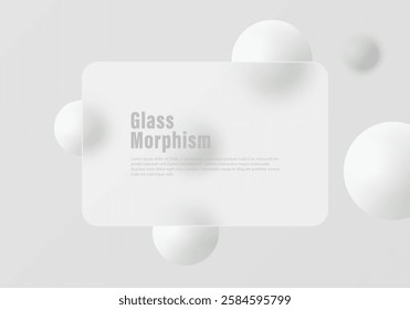 Abstract minimalistic background for glass morphism style presentation slide. Transparent material of partition and spheres.