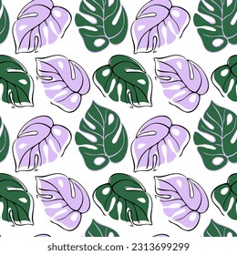 Abstract minimalistic background with monstera leaves in one line drawing and flat. Tropical plant vector illustration. Botanical seamless pattern for paper, textile, cards.
