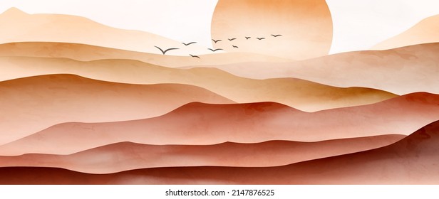 Abstract minimalistic background with mountains and hills at sunset or sunrise in brown and gold tones. Landscape art banner for wallpaper design, interior decor, design, print