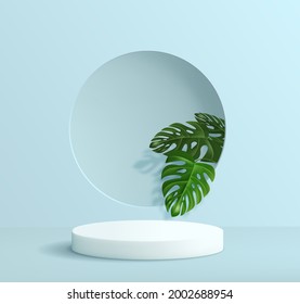 Abstract minimalistic background with a pedestal in blue tones. Empty podium for product display with tropical monstera leaf decorations.