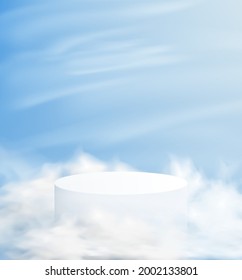 Abstract minimalistic background with a pedestal in the clouds. Empty podium for product demonstration with blue sky on background.