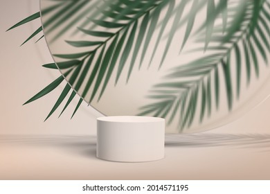 abstract minimalistic background with pedestal for product showcase with palm leaves behind glass