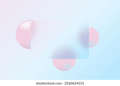 Abstract minimalistic background for a presentation slide in the style of glasmorphism. Pink 3d spheres on a blue background. Suitable for technology or business.