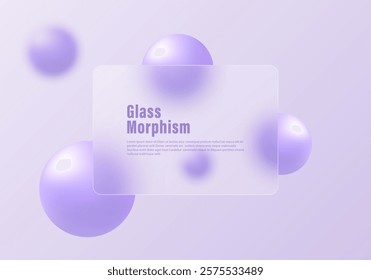 Abstract minimalistic background for presentation slide in glass morphism style. Trendy and futuristic landing page template. Rectangular partition and spheres.