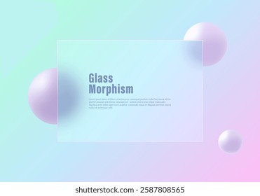 Abstract minimalistic background for presentation slide in glass morphism style. 3d landing page template transparent partition with spheres.