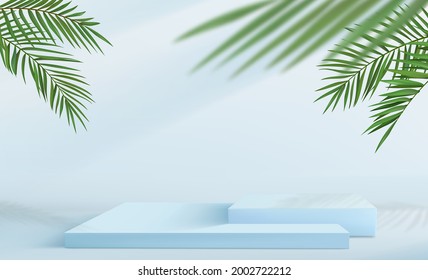 Abstract minimalistic background with a set of square pedestals in blue tones. Empty podiums for product display with tropical palm leaf decorations.
