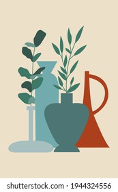 Abstract minimalistic background with vases and jugs of different shapes. Still life for printing or postcards. Decorative home decoration, modern print.