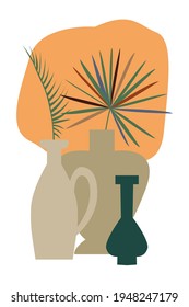 Abstract minimalistic background with vases and jugs of different shapes. Still life for printing or postcards. Decorative home decoration, modern print.