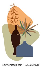 Abstract minimalistic background with vases and jugs of different shapes. Still life for printing or postcards. Decorative home decoration, modern print.