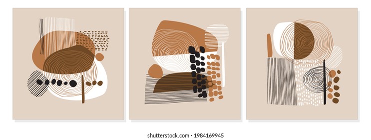 Abstract minimalistic cards set. Minimal hand drawn shapes, forms, lines poster collection. Vector illustration for trendy design, modern print, template in minimal flat style. Nature inspired vector.