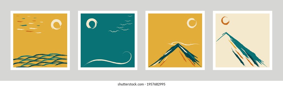Abstract minimalistic cards set. Moon, sun, mountain, sea, wave brush stroke drawing, minimal shapes doodles background. Vector illustration for modern design, poster in minimal flat style