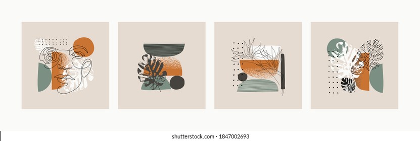 Abstract minimalistic cards set. Woman Portrait one line drawing, minimal shapes, doodles, tropical leaves and flower background. Vector illustration for modern design, poster in minimal flat style