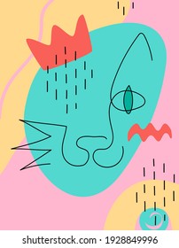 Abstract minimalistic cat face. Art background with different shapes and spots. Cute cat in crown. Modern abstract cat portrait. Feline art poster. Printable modern wall art. Line drawing. Vector.