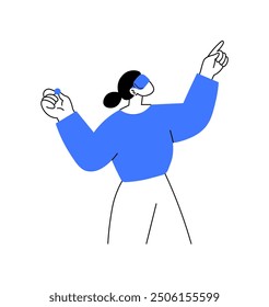 Abstract, minimalistic depiction of a person with a VR headset, hands raised, interacting with virtual objects in space. Represents virtual reality, gaming, or immersive digital experiences.