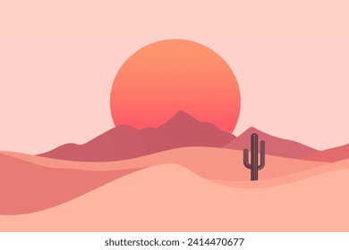 Resumen del paisaje minimalista del desierto. Montañas, dunas de arena y cactus. Ilustración vectorial de un desierto del Lejano Oeste con sol y cielo rojos. Elemento de diseño para banner, volante, tarjeta, plantilla.