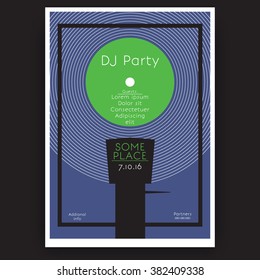 Abstract minimalistic "DJ party" electronic music concert poster. Design template with vinyl record in the turntable
