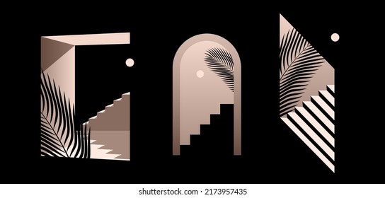 Abstract minimalistic doorways with stairway silhouettes and tropical palm tree leaf on black background for poster or wall art prints. Vector illustration