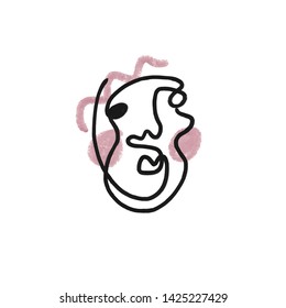 Abstract minimalistic face drawing, portrait in graphic simple modern style. Contemporary creative art. Beauty logo, glamour sing, female head. Linear contour concept. 