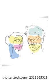 Abstract minimalistic faces of a couple with different shapes for wall decoration, digital designs for websites, postcard, cover designs, brochure. Modern line drawing , one line art