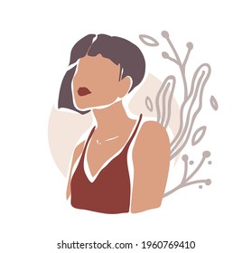 Abstract minimalistic female portrait with red lipstick makeup and floral elements in trendy hand drawn style. Contemporary modern art in pastel beige colors. Vector illustration as an icon template.