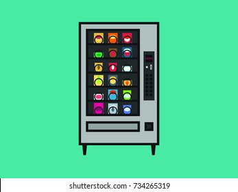 Abstract minimalistic flat design with outlines vector illustration of light vending machine filled with snacks and sweets on green background