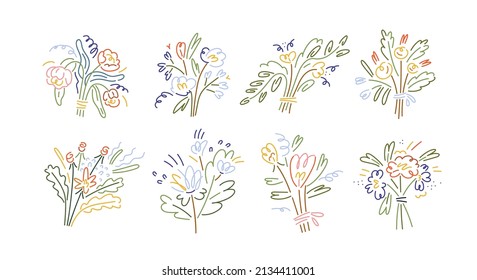 Abstract minimalistic flowers set. Modern floral creative bouquets in line art style. Stylized simple spring plants. Romantic posies. Colored drawn vector illustrations isolated on white background